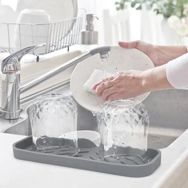 Alt view image 5 of 7 - Silicone Bathroom Soap Dishes, Sponge Holder for Kitchen Sink, Shower Soap Holder with Drain, Soap Dispenser Tray, Soap Dish for Bottle, Cup, Sink or Counter Organizer - Gray 9" x 3.15"