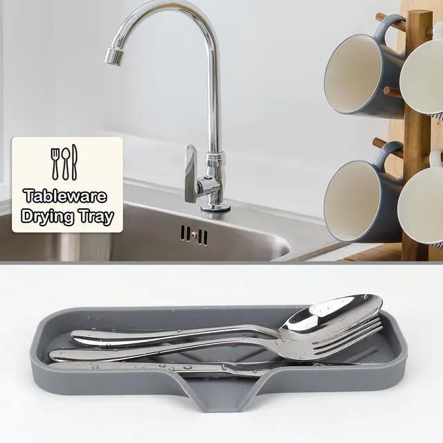 Alt view image 6 of 7 - Silicone Bathroom Soap Dishes, Sponge Holder for Kitchen Sink, Shower Soap Holder with Drain, Soap Dispenser Tray, Soap Dish for Bottle, Cup, Sink or Counter Organizer - Gray 9" x 3.15"