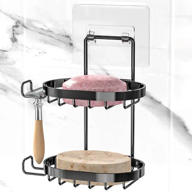 Main image of 2 Tier Soap Dish Holder, Soap Bar Holder with Hooks, Shampoo Bar Caddy for Shower Wall, Razor Holder for Shower, Bar Soap Container 304 Stainless Steel, Bathroom (Black)