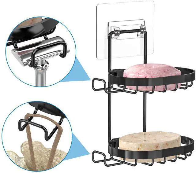 Alt view image 3 of 7 - 2 Tier Soap Dish Holder, Soap Bar Holder with Hooks, Shampoo Bar Caddy for Shower Wall, Razor Holder for Shower, Bar Soap Container 304 Stainless Steel, Bathroom (Black)
