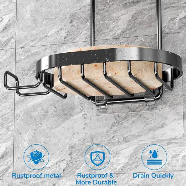 Alt view image 5 of 7 - 2 Tier Soap Dish Holder, Soap Bar Holder with Hooks, Shampoo Bar Caddy for Shower Wall, Razor Holder for Shower, Bar Soap Container 304 Stainless Steel, Bathroom (Black)