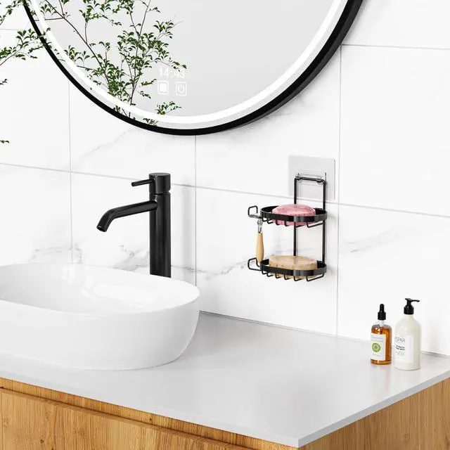 Alt view image 6 of 7 - 2 Tier Soap Dish Holder, Soap Bar Holder with Hooks, Shampoo Bar Caddy for Shower Wall, Razor Holder for Shower, Bar Soap Container 304 Stainless Steel, Bathroom (Black)