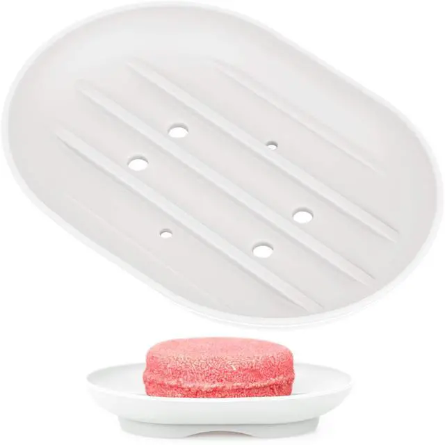 Main image of Soap Dish, Bathroom Soap Dishes Soap Holder Soap Tray with Holes to Drain Water- Oval Shape Soap Dish for Shower Bathroom Kitchen Counter Top, Keep Bars Dry - Flexible Silicone White, 1 Pack