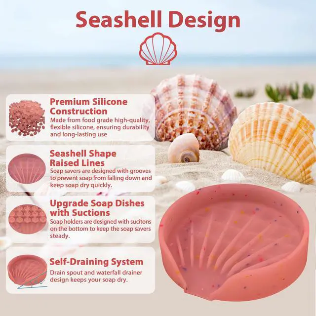 Alt view image 6 of 7 - Silicone Bathroom Soap Dishes, Self Draining Waterfall Bar Soap Holder & Saver, Dish Soap Tray, Sponge Holder, 13 Non-Slip Suction Cups Dishwasher Safe for Bathroom Kitchen Shower Sink Organizer Red
