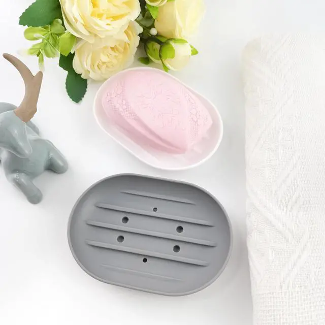 Alt view image 6 of 6 - 2 PCS Silicone Soap Dish Holders, Anti-Slip Portable Self Draining Soap Holder for Shower, Bathroom, Kitchen (White and Grey)