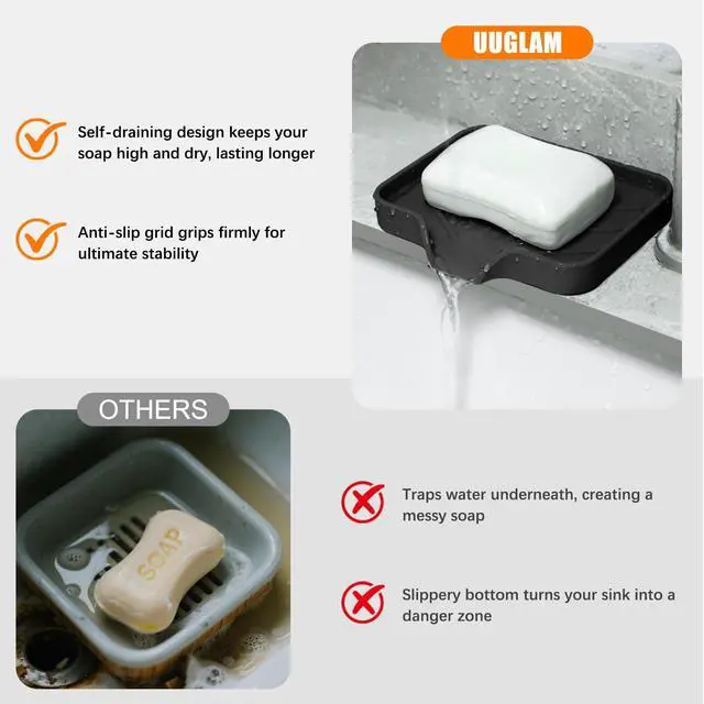Alt view image 6 of 7 - 2 Pack Silicone Soap Dish, Self Draining Soap Dish, Non Slip Bar Soap and Sponge Holder for Bathroom Kitchen Sink Counter Organizer Easy to Clean Soap Tray Waterfall Soap Saver