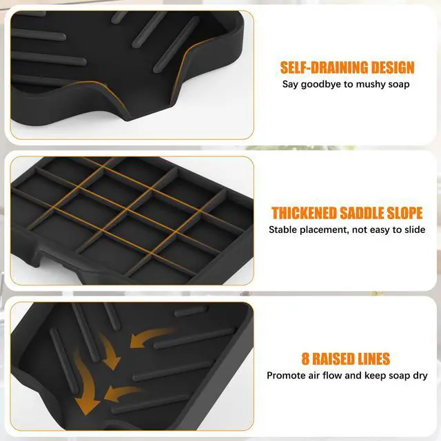 Alt view image 5 of 7 - 2 Pack Silicone Soap Dish, Self Draining Soap Dish, Non Slip Bar Soap and Sponge Holder for Bathroom Kitchen Sink Counter Organizer Easy to Clean Soap Tray Waterfall Soap Saver