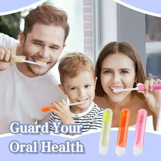 Alt view image 2 of 7 - Travel Toothbrush, 3 PCS Mini Portable Toothbrush Set with Cover Small Folding Tooth Brush Individually Wrapped Home Travel Camping, Orange, Yellow, Pink