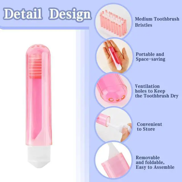 Alt view image 3 of 7 - Travel Toothbrush, 3 PCS Mini Portable Toothbrush Set with Cover Small Folding Tooth Brush Individually Wrapped Home Travel Camping, Orange, Yellow, Pink