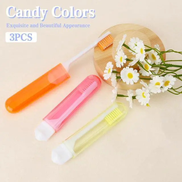 Alt view image 5 of 7 - Travel Toothbrush, 3 PCS Mini Portable Toothbrush Set with Cover Small Folding Tooth Brush Individually Wrapped Home Travel Camping, Orange, Yellow, Pink