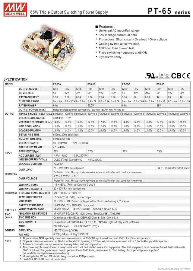 Alt view image 2 of 3 - Mean Well PT-65C Open-Frame Switching AC-to-DC Power Supply, Triple Output, 65W, 1.7" H x 3.0" W x 5.0" L
