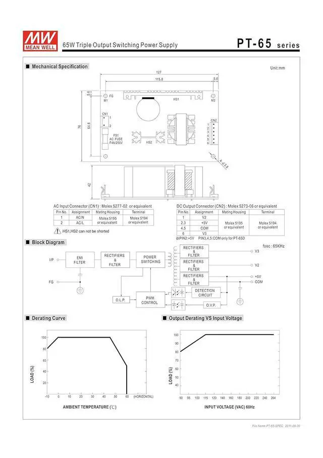 Alt view image 3 of 3 - Mean Well PT-65C Open-Frame Switching AC-to-DC Power Supply, Triple Output, 65W, 1.7" H x 3.0" W x 5.0" L