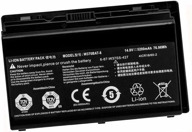Main image of 76.96WH 5200mAh 14.8V W370BAT-8 Laptop Battery Compatible with Clevo W350et W350etq W370et Sager Np6350 Np6370 Schenker Xmg A522 A722 Series 6-87-w370s-4271K590S K650C K750S
