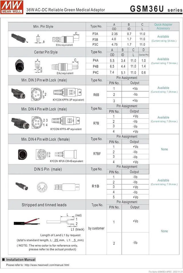 Alt view image 4 of 4 - Mean Well GSM36U12-P1J 36W AC-DC Reliable Green Medical Adaptor 12V/3A