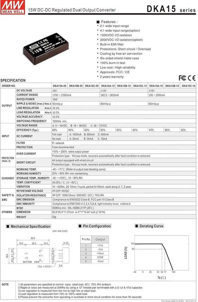 Alt view image 2 of 2 - MEAN WELL DKA15B-05 -/+5V -/+150~-/+1500mA 15W DC-DC Regulated Dual Output Converter DC/DC Converter