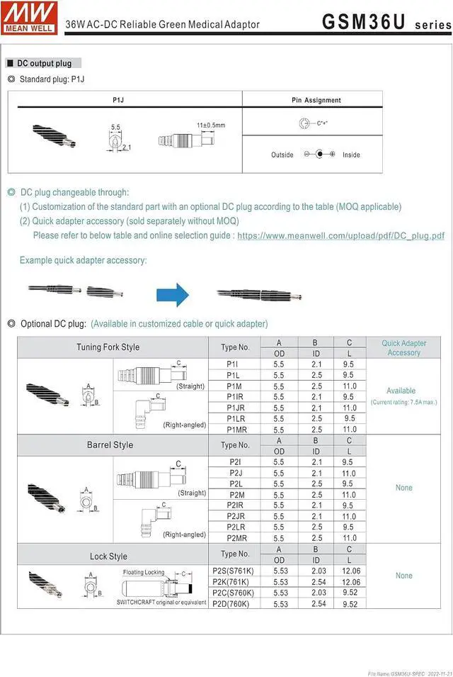 Alt view image 3 of 4 - Mean Well GSM36U12-P1J 36W AC-DC Reliable Green Medical Adaptor 12V/3A