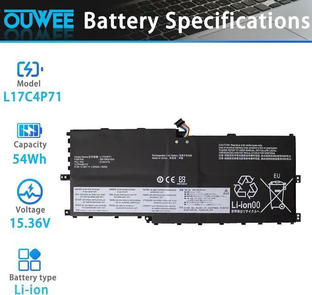 Alt view image 2 of 5 - L17C4P71 Laptop Battery Compatible with Lenovo ThinkPad X1 Yoga 3rd Gen Series L17M4P73 SB10K97638 01AV499 SB10K97624 01AV475 L17M4P71 SB10K97623 01AV474 02DL003 15.36V 54Wh 3516mAh