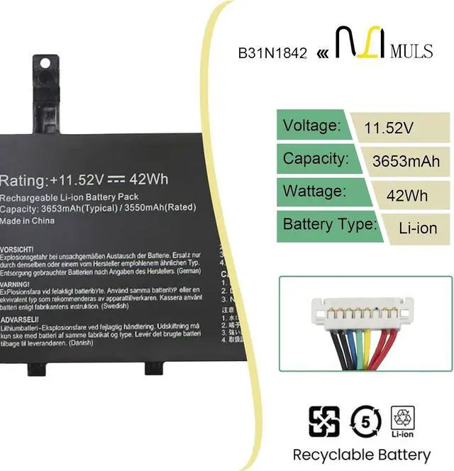 Alt view image 2 of 7 - MULS B31N1842 Laptop Battery for Asus VivoBook 15 F513 M513 K513 S513 X513 S15 S531F VivoBook S15 V5050E V5050EA S5500F S5500FL X513EA X531F X531FA K531F S531F S531FA V531F V531FA 0B200-03440000 42Wh