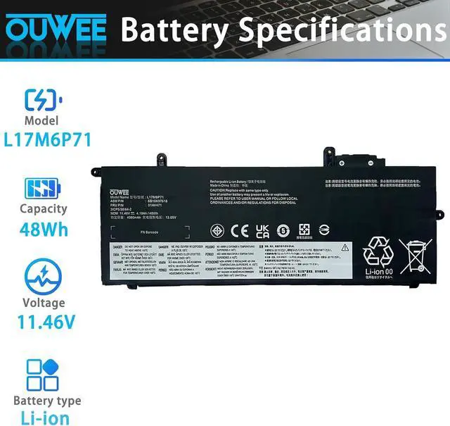 Alt view image 2 of 5 - L17M6P71 Laptop Battery Compatible with Lenovo ThinkPad X280 A285 Series Notebook L17L6P71 01AV470 01AV471 L17C6P71 01AV472 L17M6P72 01AV484 L17C6P72 01AV485 SB10K97619 11.46V 48Wh 4.19Ah