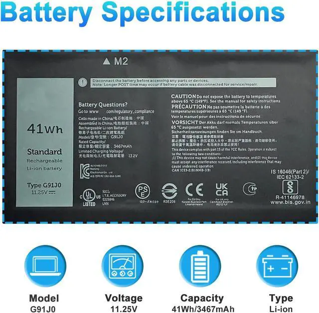 Alt view image 2 of 7 - 41Wh G91J0 Battery for Dell Latitude 3520 3420 3320 3330 Inspiron 3510 3511 3515 5310 5410 5418 5510 5515 5518 14 Plus 7420 7415 2-in-1 Vostro 3510 3515 5620 5625 Series V6W33 TN70C 0WV3K8