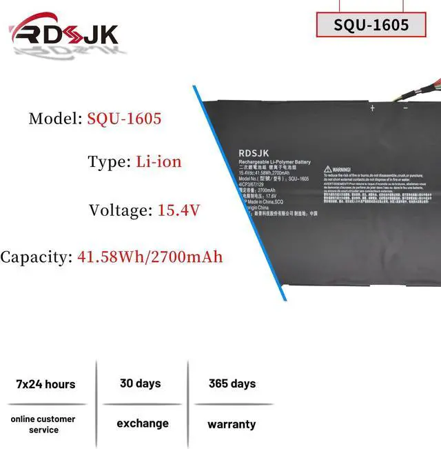 Alt view image 2 of 7 - SQU-1605 SQU1605 Laptop Battery for Acer Spin 7 SP714-51 SF713-51 Swift 7 S7-371 SF713 SF713-51 SP714-51-M09D SP714-51-M61T SF713-51-M51W SF713-51-M90J SF713-51-M9FS Series KT0040B001 15.4V 41.58Wh