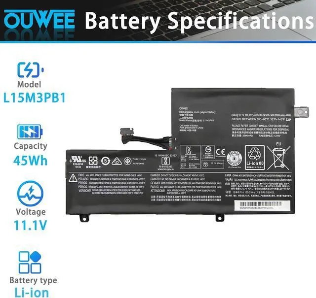 Alt view image 2 of 5 - L15M3PB1 Laptop Battery Compatible with Lenovo Flex 11 Chromebook S330 C330 N22 N22-20 N23 N42 N42-20 300E Chromebook Series 5B10K88047 5B10K88048 L15L3PB1 5B10K88049 SB18C15129 11.1V 45Wh