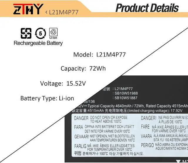 Alt view image 3 of 7 - L21M4P77 L21D4P76 L21C4P74 Laptop Battery Replacement for Lenovo ThinkPad Z16 Gen 1/Z16 Gen 2 2022 Series Notebook SB10W51989 5B10W51888 SB10W51990 5B10W51889 SB10W51988 5B10W51887 15.52V 72Wh 4640mAh