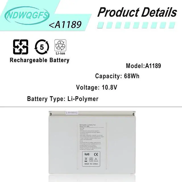 Alt view image 2 of 6 - New A1189 Laptop Battery for Apple MacBook Pro 17-inch Series A1151 A1212 A1261 A1229 MA458 MA458/A MA458G/A MA458J/A MA092 MA611 MB166B (Small, Silver)