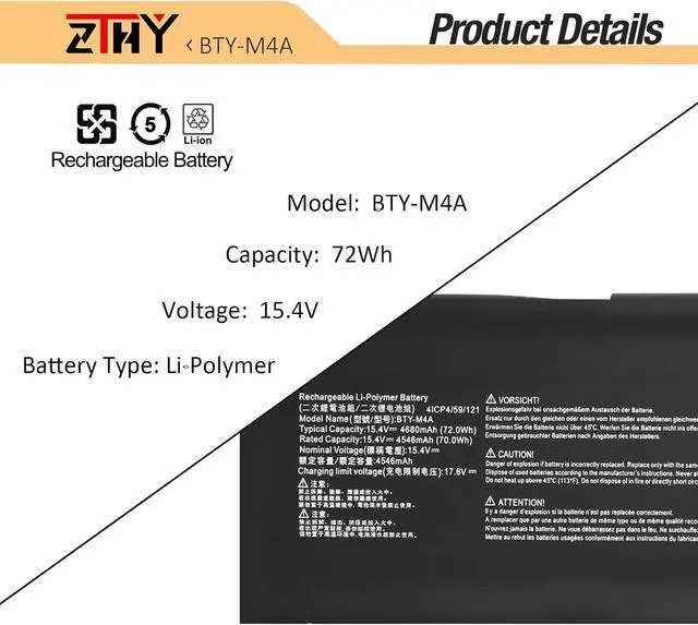 Alt view image 2 of 7 - 72Wh BTY-M4A Battery Replacement for MSI Stealth 14 AI Studio A1VEG A1VFG | A1VGG Summit E13 Flip A12MT E14 A12M A13MT PRESTIGE 14 EVO B12M B13M H B12UCX B13UCX Stealth Studio A13VE A13VF A13VG Laptop