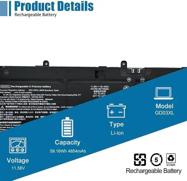 Alt view image 2 of 6 - GD03XL Laptop Battery Replacement for HP Envy x360 14 2-in-1 14-fa0000 OmniBook X 14 EliteBook Ultra G1q Series N66215-005 N66000-1E1 N66000-2C1 N66000-AC1 N66000-1E1 11.58V 4854mAh 59.16Wh