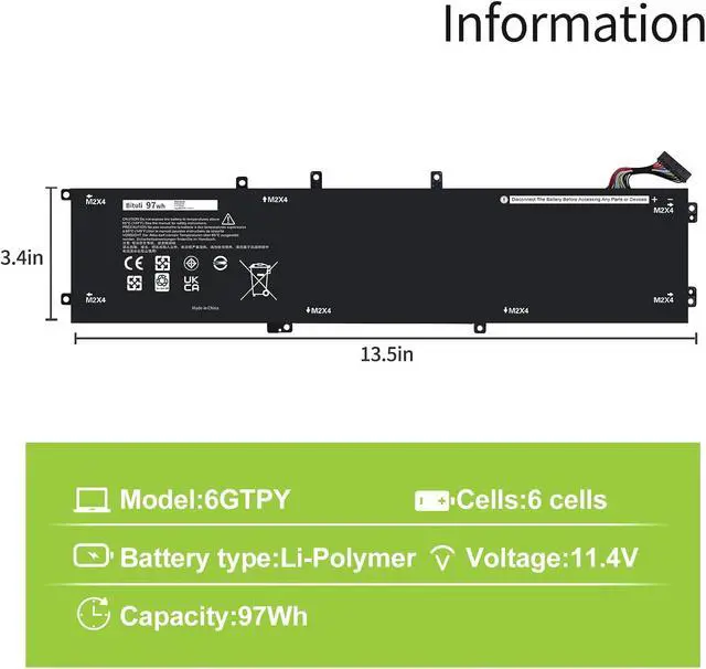 Alt view image 2 of 6 - 6GTPY Battery for Dell XPS 15-9560 15-9550 15-9570 15-7590 Precision 5520 5530 5540 5510 Vostro 7500 4GVGH 1P6KD 5XJ28 GPM03 P56F, 6GTPY Battery 97Wh