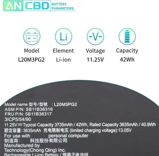 Alt view image 2 of 7 - L20M3PG2 L20L3PG2 Battery for Lenovo Flex 3 Chrome-11M836 IdeaPad Flex 3 Chromebook-11IJL6 500e Chromebook Gen 3 100e Chromebook Gen 3 SB11B36316 SB11B36318 5B11B36309 5B11B36314 L20D3PG2 11.25V/42Wh.