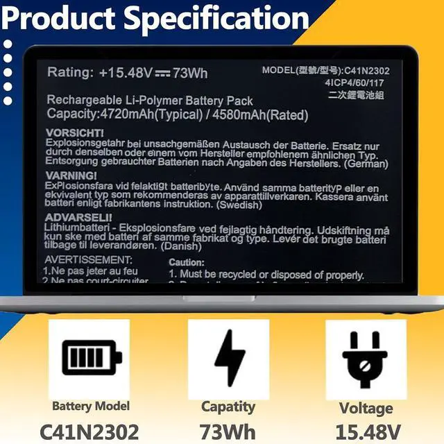 Alt view image 2 of 7 - C41N2302 Laptop Battery 73Wh for ASUS ROG Zephyrus G14 GA403 GA403UP GA403WW GA403WR GA403WP GA403UI GA403UU GA403UV GA403UJ Series 0B200-04460000