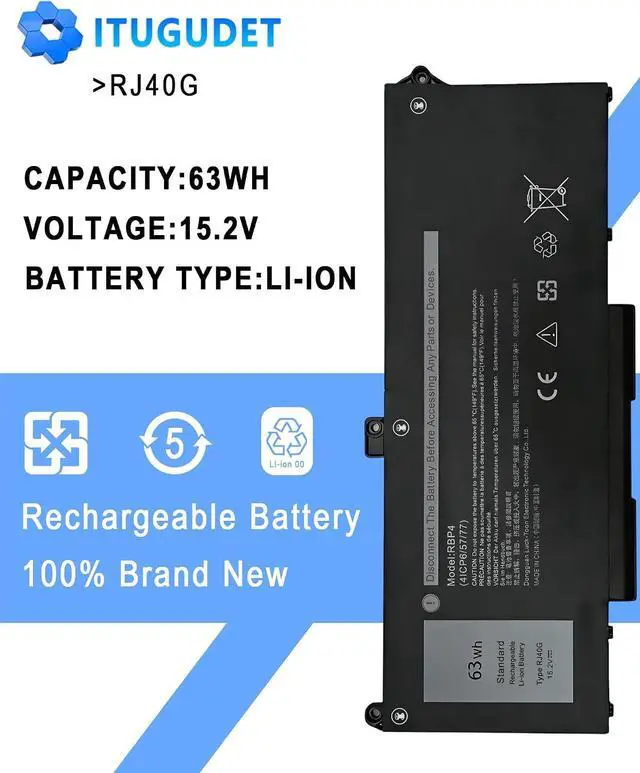 Alt view image 2 of 6 - RJ40G Laptop Battery for Dell Latitude 155520 Latitude 14 5420 Precision 153560 Series Compatible with M033W 01K2CF 075X16 WY9DX P137G P137G001 P104F P104F001 0WK3F1 0M3KCN 15.2V 63WH 3941mAH