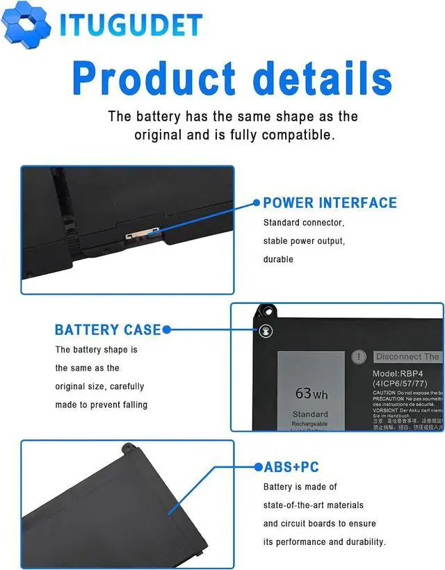 Alt view image 6 of 6 - RJ40G Laptop Battery for Dell Latitude 155520 Latitude 14 5420 Precision 153560 Series Compatible with M033W 01K2CF 075X16 WY9DX P137G P137G001 P104F P104F001 0WK3F1 0M3KCN 15.2V 63WH 3941mAH