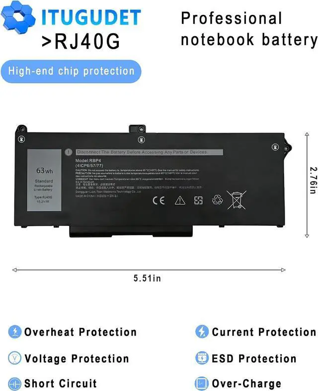 Alt view image 4 of 6 - RJ40G Laptop Battery for Dell Latitude 155520 Latitude 14 5420 Precision 153560 Series Compatible with M033W 01K2CF 075X16 WY9DX P137G P137G001 P104F P104F001 0WK3F1 0M3KCN 15.2V 63WH 3941mAH