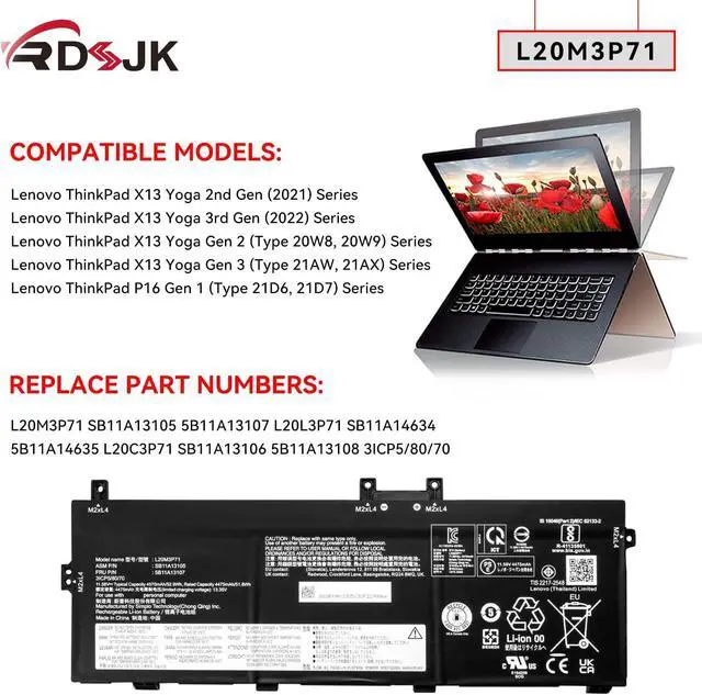 Alt view image 3 of 7 - L20M3P71 L20C3P71 L20L3P71 Laptop Battery for Lenovo ThinkPad X13 Yoga 2nd 2021 3rd Gen 2022 P16 Gen1 Series SB11A13105 SB11A13106 SB11A14634 5B11A13107 5B11A13108 5B11A14635 3ICP5/80/70 11.58V 52.9Wh