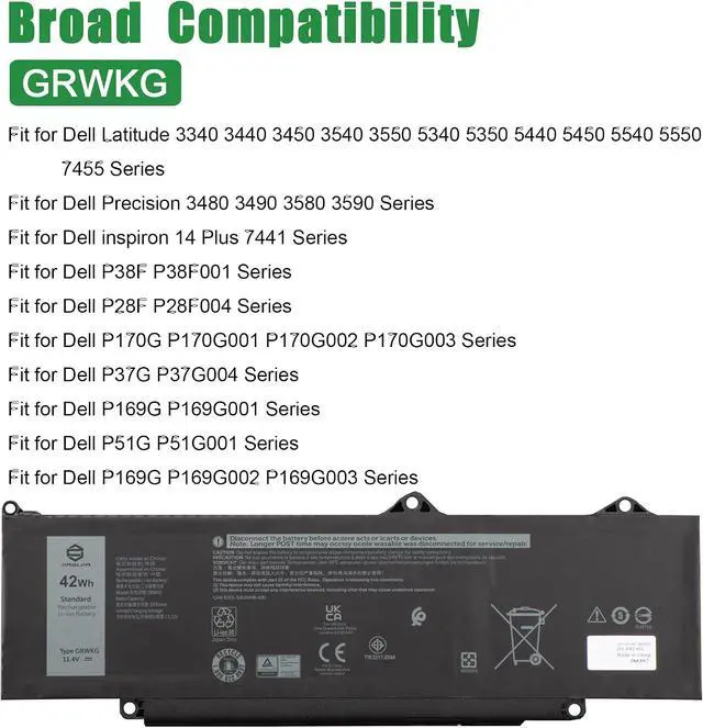 Alt view image 4 of 5 - GRWKG Laptop Battery Replacement for Dell Latitude 3340 3440 3450 3540 3550 5340 5350 5440 5450 5540 5550 7455 Precision 3480 3490 3580 3590 Series 0NKXK7 NKXK7 0V7TXF V7TXF 11.4V 42Wh