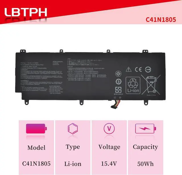 Alt view image 2 of 7 - C41N1805 15.4V 3160mAh 50Wh Battery Replacement for ASUS GX531 GX531GM GX531GS GX531GX ROG Zephyrus S GX531 GX531GM GX531GM-BH71 Series 0B200-03020000 4ICP4/72/75 C41PKC5