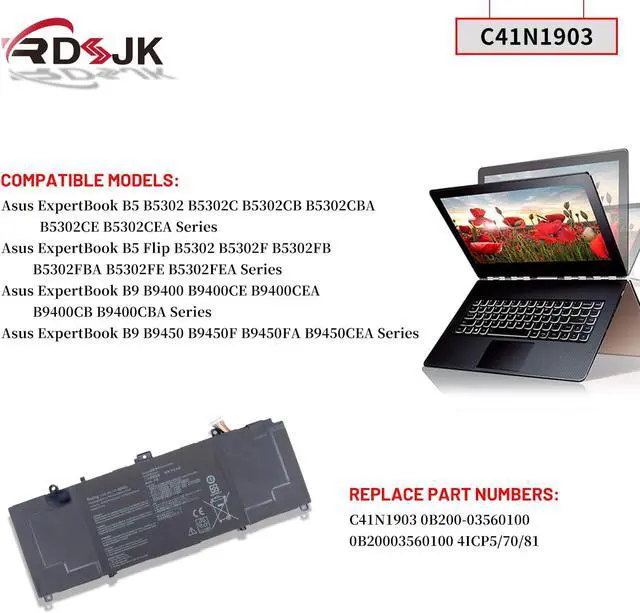Alt view image 3 of 7 - C41N1903 Laptop Battery for Asus ExpertBook B9 B9400 B9400CE B9400CEA B9400CB B9400CBA B9450 B9450F B9450FA B9450CEA B5 Flip B5302 B5302CBA B5302CE B5302CEA B5302F B5302FBA B5302FE B5302FEA 15.4V 66Wh