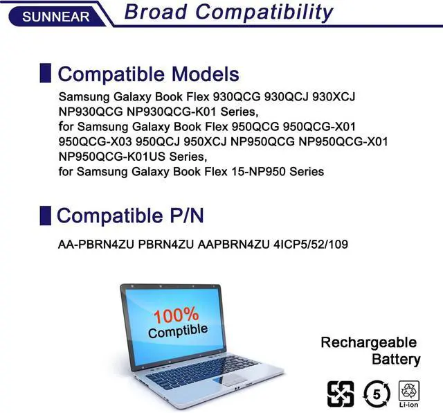 Alt view image 4 of 6 - AA-PBRN4ZU Battery Compatible with Samsung Galaxy Book Flex 930QCG 930QCJ 930XCJ NP930QCG-K01 950QCG-X01 950QCJ 950XCJ NP950QCG NP950QCG-K01US 15.4V 4350mAh 66.9Wh 4-Cell