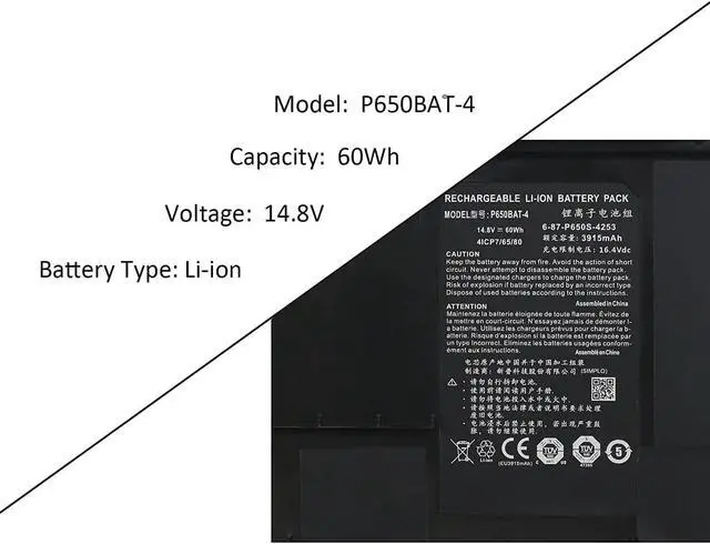 Alt view image 2 of 3 - P650BAT-4 6-87-P650S-4252 6-87-P650S-4U32 Laptop Battery Replacement for Clevo P650SA P650SE P650SG P651SG Sager NP8650 NP8651 NP8652 Hasee Z7 Z7M Z8(14.8V 60Wh)