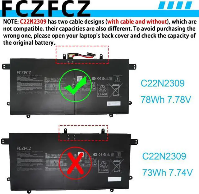 Alt view image 3 of 7 - C22N2309 Battery 78Wh 10032mAh Replacement for Asus TUF Gaming A14 FA401WU FA401WV FA401WI FA401UU FA401UV / Zenbook S 16 UM5606 / ProArt PX13 HN7306 Series 2ICP4/60/120-2 7.78V 4-Cell