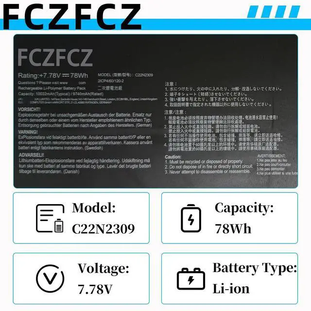 Alt view image 4 of 7 - C22N2309 Battery 78Wh 10032mAh Replacement for Asus TUF Gaming A14 FA401WU FA401WV FA401WI FA401UU FA401UV / Zenbook S 16 UM5606 / ProArt PX13 HN7306 Series 2ICP4/60/120-2 7.78V 4-Cell