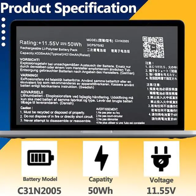 Alt view image 2 of 7 - 11.55V 50Wh/4335 C31N2005 Battery Compatible with ASUS Chromebook CX3 CX3400FMA ExpertBook B3 Flip B3402 B3402FBA B3402FEA Chromebook CX9 CX9400CEA Series 0B200-03810000