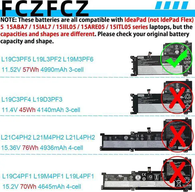Alt view image 3 of 6 - L19C3PF5 Battery Replacement for Lenovo IdeaPad 5-15IIL05 5-15ARE05 5-15ITL05 5-15ARE05 5-15IAL7 5-15ABA7 Series SB10W86938 5B10W86947 SB11N52012 5B11N52035 L19L3PF2 L19M3PF6 11.52V 57Wh
