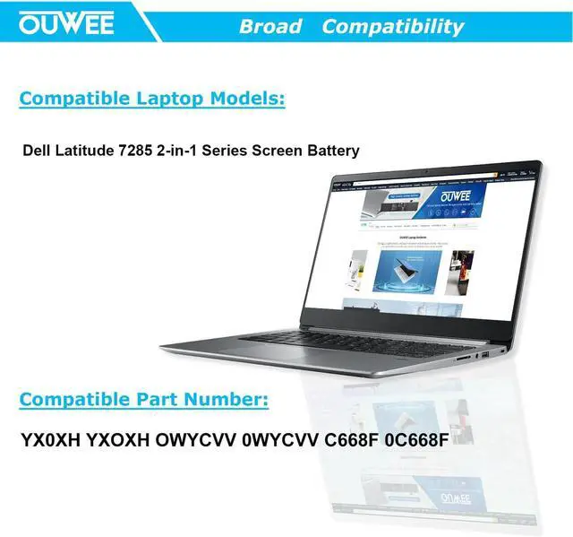 Alt view image 5 of 6 - YX0XH Laptop Battery Compatible with Dell Latitude 7285 2-in-1 Series Notebook Screen Battery 0YX0XH OWYCVV 0WYCVV C668F 0C668F 7.6V 34Wh 4250mAh