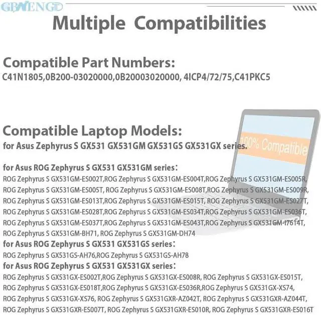 Alt view image 5 of 7 - C41N1805 Laptop Battery Replacement for Asus Zephyrus S GX531 GX531GM GX531GS GX531GX Series 0B200-03020000 4ICP4/72/75 C41PKC5