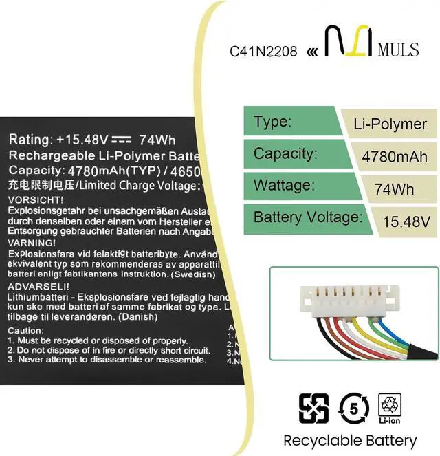 Alt view image 2 of 7 - MULS C41N2208 Battery Replacement for Asus Rog Ally (2023) RC71L PC71L NR2301L Gaming Handheld Series RC71L-NH001W RC71L-NH002W RC71L-NH012W RC71L-NH019W 4ICP5/42/79 0B200-04350000 15.48V 74Wh