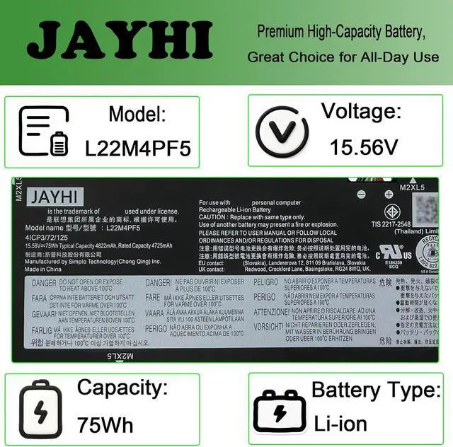 Alt view image 3 of 7 - JAYHI L22M4PF5 75Wh Laptop Battery L22X4PF5 L22B4PF5 L22D4PF5 15.56V | Compatible with Lenovo Slim Pro 9-16IRP8 / Yoga Pro 9-16IRP8 / IdeaPad Pro 5-16IRH8 5-16APH8 5-16ARP8 Series 5B11N45339